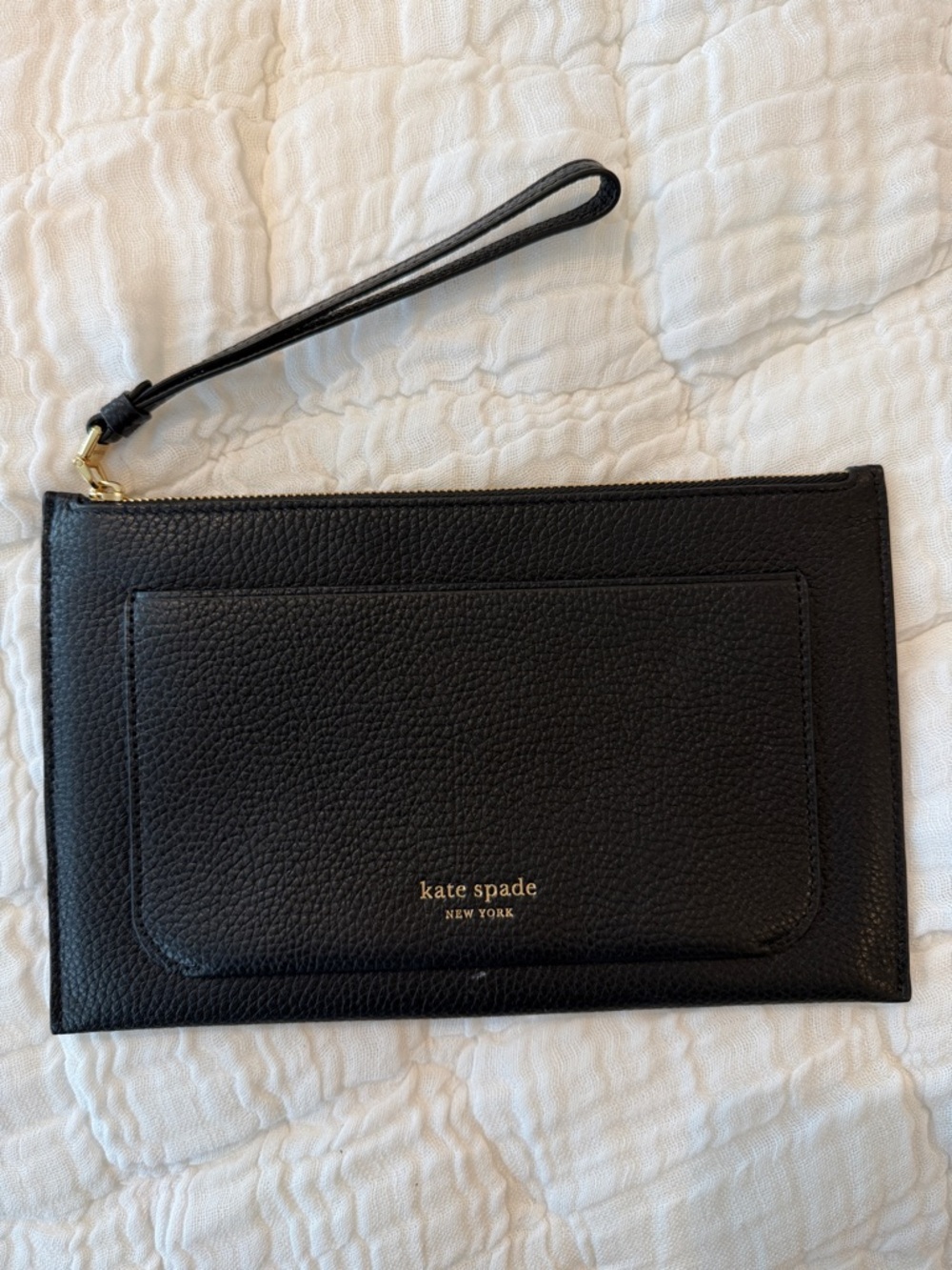 kate spade black pebbled leather wristlet pouch with gold logo